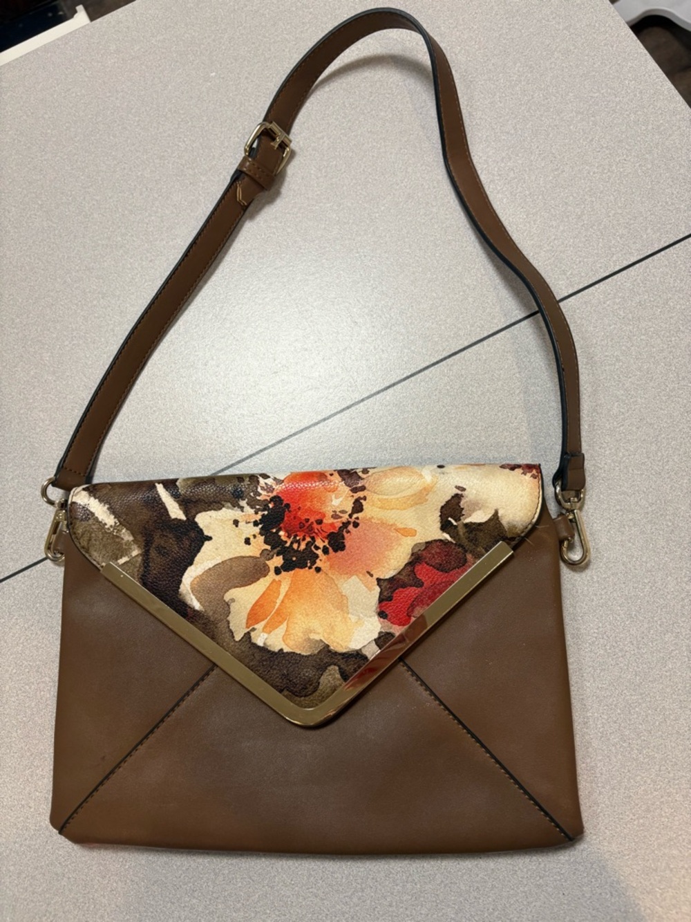 Brown Floral-Print Envelope Crossbody with Gold Trim